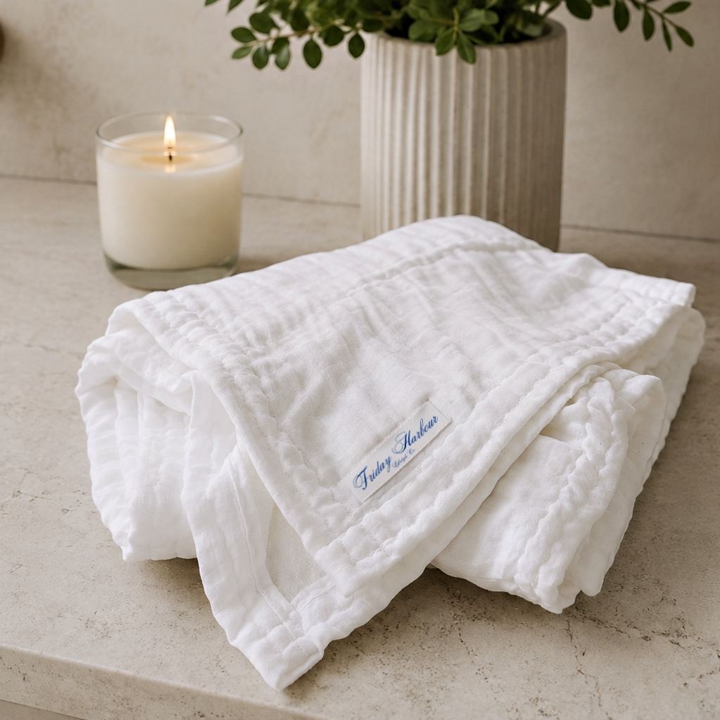 A folded white muslin baby towel with a blue embroidered 'Happy Babies' logo sits on a beige stone countertop next to a lit candle and a potted plant.