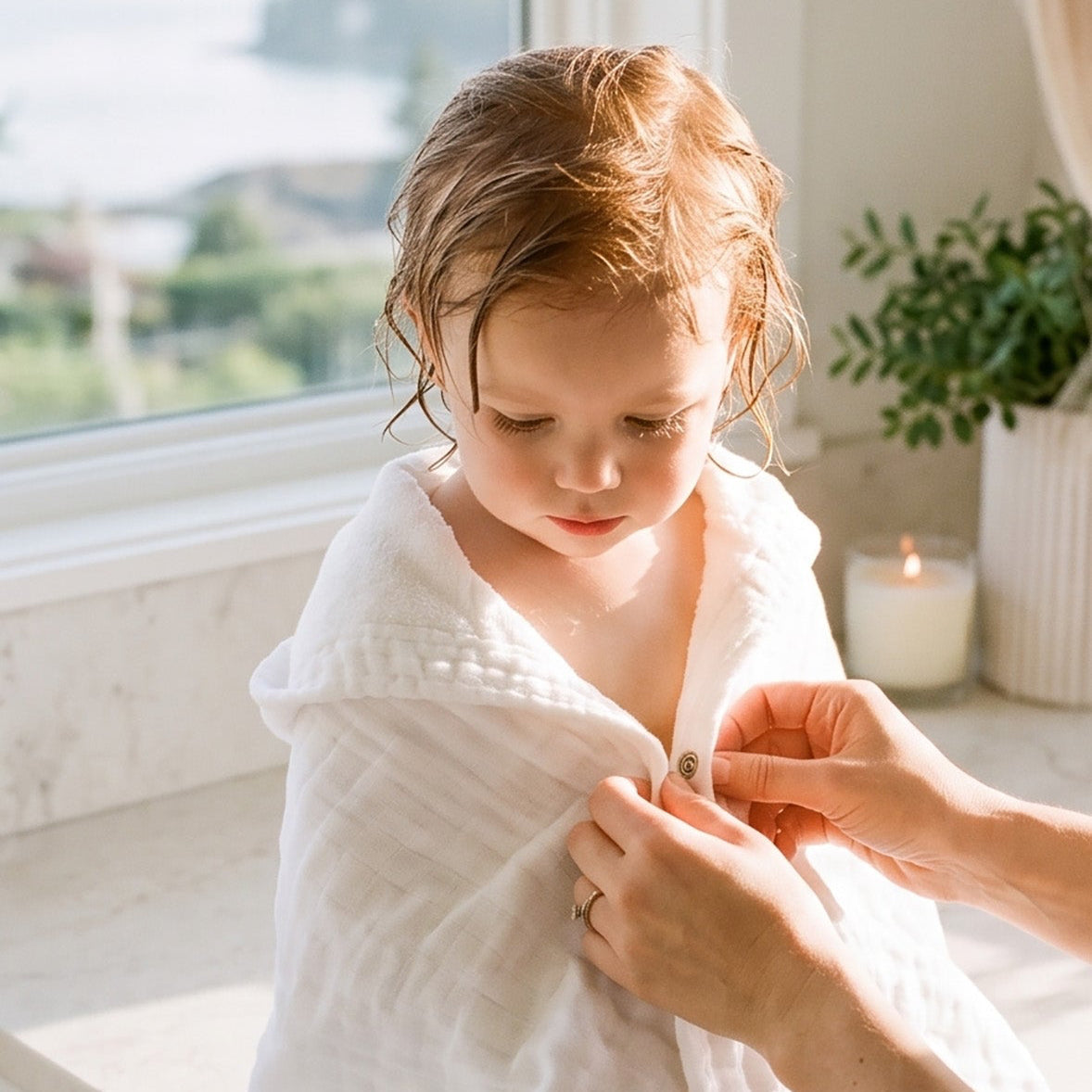 A young child with wet hair sits on a bathtub edge wrapped in a white cotton muslin bath towel, while an adult fastens the front snap closure. A bright window in the background shows a scenic view, and a potted plant and candle sit on the windowsill.