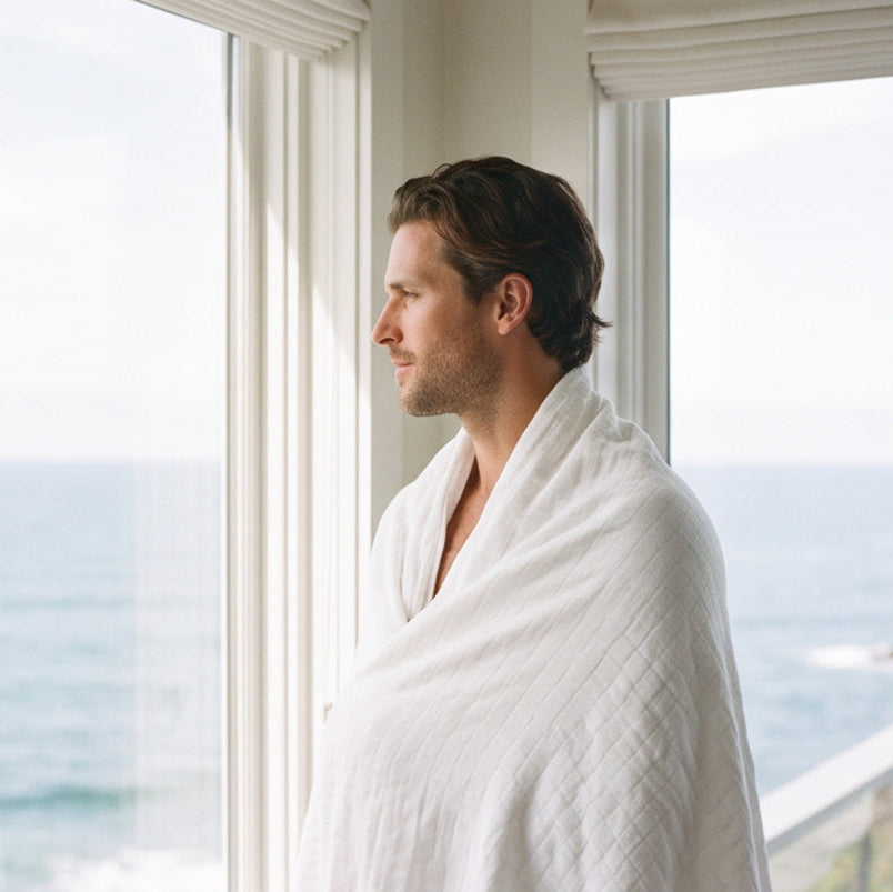 A man in profile wrapped in a white textured bathrobe, standing by a large window with an ocean view outside.